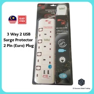 🔥Hot Product🔥ME-8813USB Extension With 3 Way 2 USB Portable Socket Outlets With Surge Protector*2 Pin (Euro) Plug Top