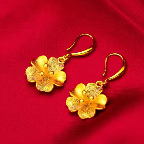 Women's 24K Gold (AU999) Matte Flower Earrings | Solid gold 3D peony, sandblasted finish with chisel