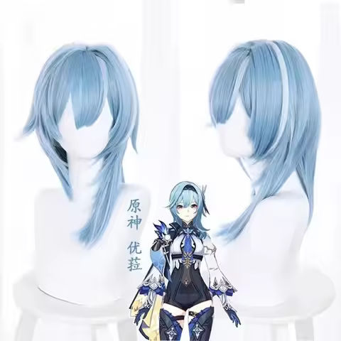 NewAnime Genshin Impact Eula Cosplay Shoes Custom Made Boots Synthetic Wigs Blue Curly Hair For Hall