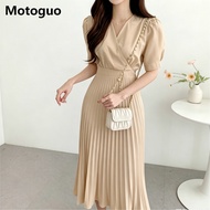 Motoguo summer khaki long dress plus size casual dinner banquet office ruffle dress korean style 連衣裙