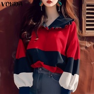 VONDA เสื้อผู้หญิงปลอกแขนโคมไฟลำลองคอปกสีตัดกันสีตัดกันสไตล์เกาหลี