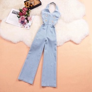 Real Shot2023Summer New Korean Style Women's Halter Double Breasted Jumpsuit Trousers Backless Denim Jumpsuit Fashion