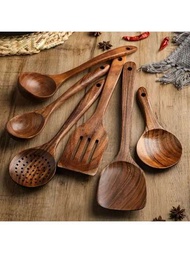 6入組木製廚房器具,木製勺子天然木製匙塊套裝,適用於不粘鍋廚具勺子和湯鍋鍋鏟