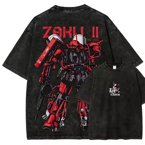 Zaku II T Shirt Char Aznable Men Vintage Acid Wash Mecha MS-06S Streetwear Oversized Retro Mobile Su