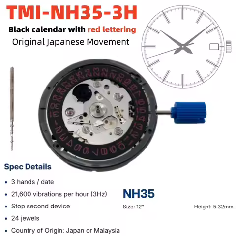Japan Genuine NH35 NH35A Black-Red Date Wheel 3.0/.8 Crown Version 24 Jewels High Accuracy 4R35B Mod
