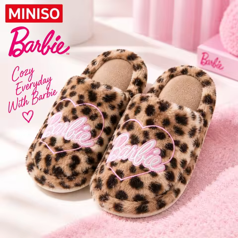 MINISO Barbie Leopard Print Plush Slippers Soft Warm Fuzzy House Shoes Cozy Indoor Non Slip Winter B