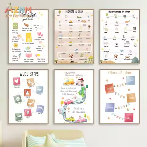 AZNM Watercolor Islamic Kids Canvas Print Pillars Of Islam Wudu Steps Ramadan Good Deeds Muslim Educ