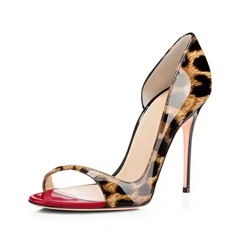 Leopard Print Fashion Open Toed Side Empty Sandals, Super High Heels, Slim Heels, Black Fashion Bag 