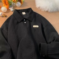 華夫格半拉鍊Polo領設計衛衣男韓版潮流寬鬆上衣春秋季休閒外套-黑色 M