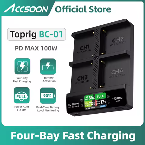 100W 4-Bay NP-F Fast Charger with LCD Display for Sony NP-F970, NP-F960, NP-F770, NP-F750, NP-F570, 