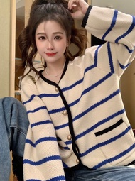 Kinwoo(พร้อมส่ง/1889#)เสื้อคลุมไหมพรมแขนยาวผู้หญิงลายทาง เสื้อคลุมตาร์ดิแกน ไหมพรม เสื้อกันหนาว