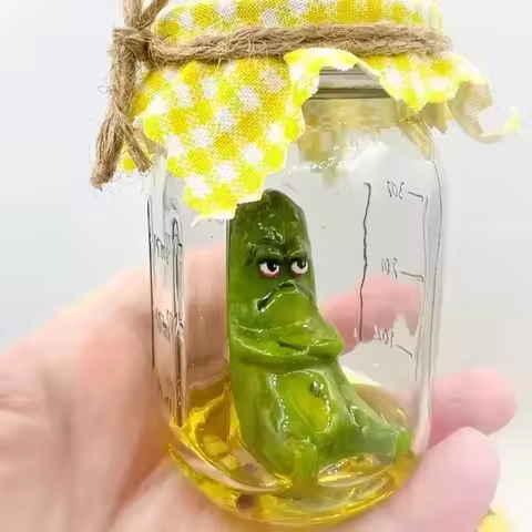 Grumpy Pickle In A Jar Sculpture Creative Mini Grumpy Clear Glass Pickle Statue Funny Aojiao Jar Pic