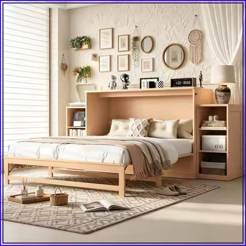 Murphy Bed Cabinet with Shelves and Drawers, Pine Wood Foldable Wall Bed, Queen Size, Gold