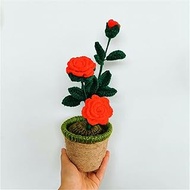 WZHZJ Hand-knitted Handmade Yarn Crochet Rose Pot Flower Bouquet Wedding Home Decor Girlfriends Lovers Gift (Color : A, Size : 30 * 10cm)