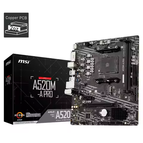 MSI A520M-A PRO Gaming Motherboard AMD Ryzen 5000, AM4, DDR4, PCIe 3.0, SATA 6Gb/s, M.2, USB 3.2 Gen
