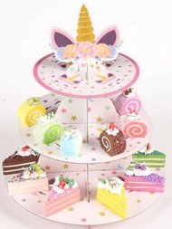 創意卡通風格紙質三層獨角獸形狀蛋糕架,適用於生日派對,甜點桌面裝飾