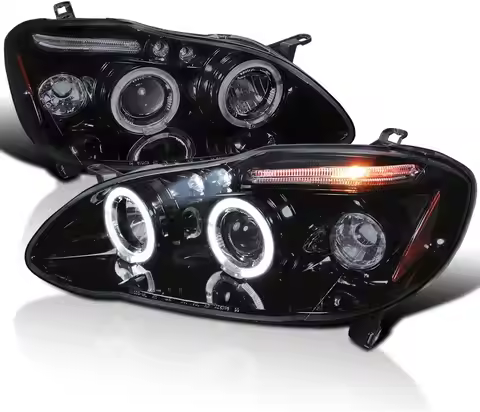 Halo LED Smoke Lens Glossy Black Housing Projector Headlights Compatible with 2003-2008 Toyota Corol
