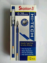 Pulpen Pena Pen Gel Hitech Station 0.28mm Hitam & Biru 1 Pak Isi 12 Pcs