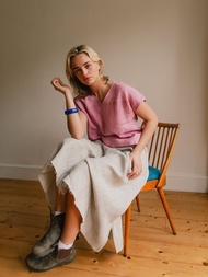 車線V領小包袖上衣 - 粉紅