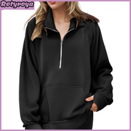 Women Fall Winter Sweatshirt Lapel Zipper Half Placket Long Sleeve Front Pocket Pullover Tops Solid 