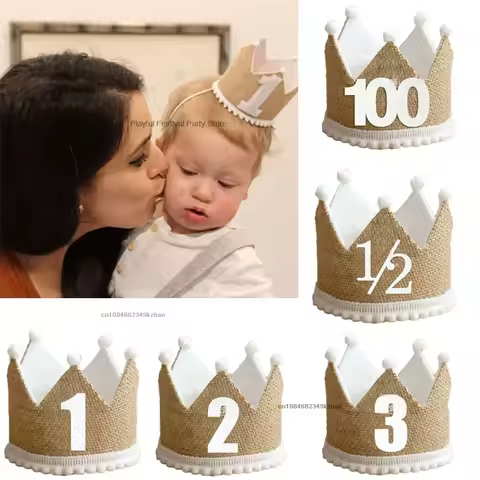 Burlap Crown Baby Birthday Party Hat 1/2 1 2 3 4 5 6 7 8 9 Year Baby Boy Girl Linen Headband 100 Yea