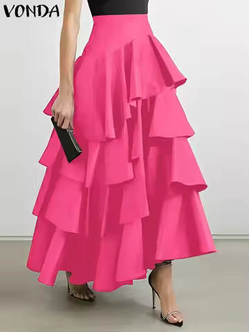 VONDA Women Ruffled Long Skirt 2024 Street High Waist Fashion Multi Layered Hem Party Maxi Skirts El