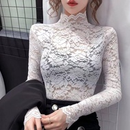 korean style women ladies long sleeve high neck lace top shirt blouse baju wanita inner wear t-shirt elastic tops