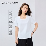 GIORDANO Women T-Shirts Ice Cooling Antibiosis Summer Tee U-Neck Short Sleeve Simple Basic Fashion C