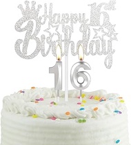16 Year Old Silver Birthday Cake Candle, Party Candle with Cake Topper, Silver Party Candle Cake Top