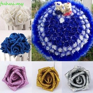 FUHUI Foam Roses 6cm Blue Roses with Glitter Powder DIY Artificial Flowers