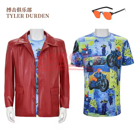 Fight Club Tyler Jacket Cosplay Costume Movie Durden Leather Coat with Shirt Glasses Halloween Carni