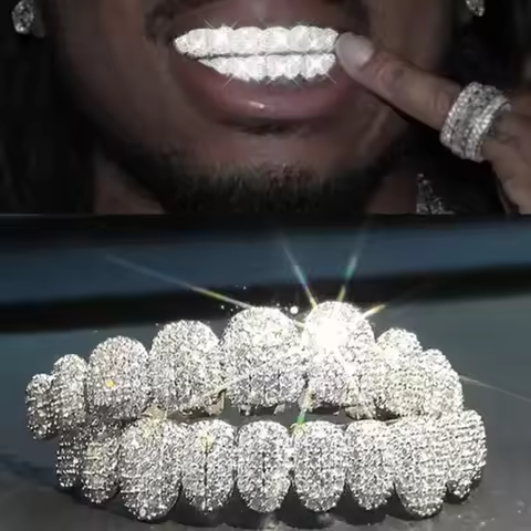 Iced Out 10 Top &10 Bottom 5A CZ Stones Teeth Grillz Punk Rapper 14K Gold Plated Zircon Tooth Caps F