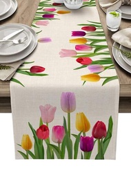 1入春季鬱金香花卉亞麻桌旗,適用於梳妝台、農舍、廚房、餐廳裝飾,假日派對婚禮裝飾