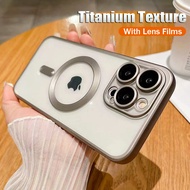 CrashStar With Lens Films MagSafe Titanium Metal Plating Soft Shockproof Phone Case For iPhone 15 14 Pro Max Plus 13 12 11 Pro Max Wireless Charging Phone Casing Transparent Clear Phone Cover With Full Cover Lens Camera Protection
