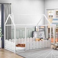 Twin Size Wood Bed House Bed Frame with Fence, Cabin Bed, Floor Bed, Nursery Furniture, Kids Tent Bed Play Tent (White)