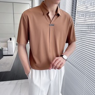 Tx4.18 mV Collar Short-Sleeved Shirt Men 2023 Ice Silk Casual Lapel t-Shirt Ruffian Handsome Half-Sl