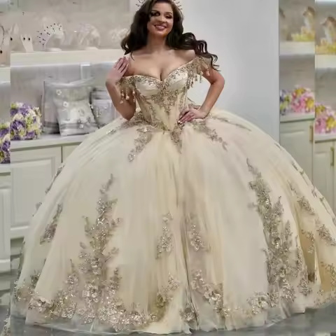 BOMARIS Champagne Princess Ball Gown Quinceanera Dresses Vestidos De 15 Anos XV Off Shoulder 3D Lace