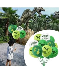 12入組恐龍主題派對裝飾氣球，12英寸活動佈置氣球，白色、綠色翼手龍、綠色暴龍、綠色手腕龍咆哮設計，適用於幼稚園、購物中心和學校