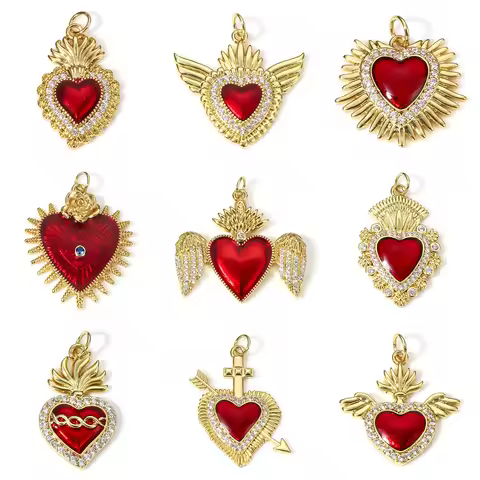 1 Piece Classic Red Religious Heart Charms For Jewelry Making Gold Color Ex Voto Pendants Clear Cubi