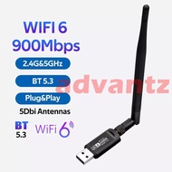 USB Wifi 6 Bluetooth 5.3 Dual Band Wireless AX 900Mbps 2.4Ghz 5Ghz Combo Adapter 2 in 1