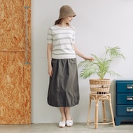 [CUMAR] Elastic Waist Hem Wrinkled Long Skirt Green Gray