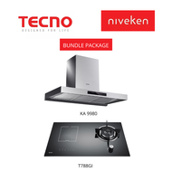 (HOOD + HOB) Tecno KA 9980 / KA9980 (90cm) High-suction Chimney Cooker Hood + Tecno T 788GI / T788GI (90cm) 73cm Gas-Induction Hybrid glass hob