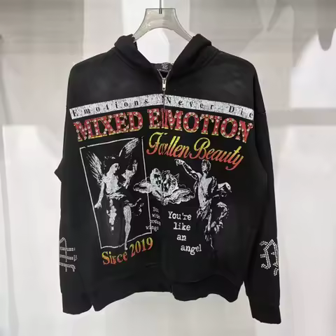 Mixed Emotion American Streetwear Angel Print Hoodie Zipper Jacket Men's Women's Casual Cotton Rhine