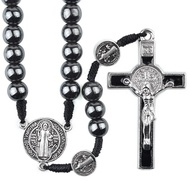 [NEW] Catholic Rosary Car Ornament Black Hematite Bead Saint Benedict Medal Jesus Cross Auto Decor A
