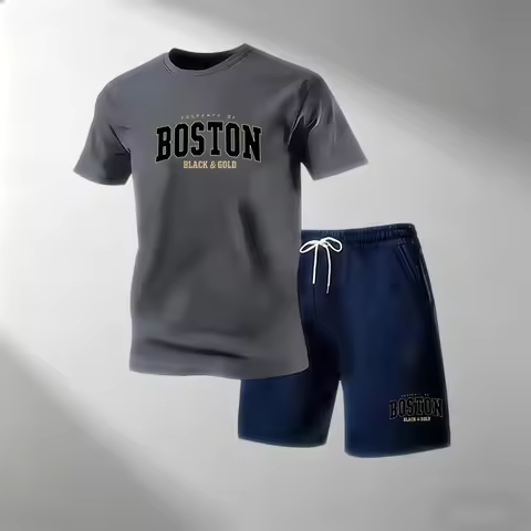 Men's Fashion Street 2 Piece Set O-Neck Short Sleeve T-Shirt + Sport Shorts Quick Dry Gym Running Su