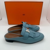 閒置未使用 Hermes 愛馬仕 康康銀扣 流蘇穆勒拖鞋 羊皮頂級皮質 女款 霧霾