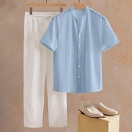 Men's Business/Commute Minimalist Light Color Stand Collar Short Sleeve Shirt And Matching Pants Set