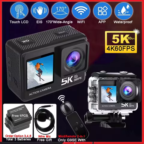 Action Camera 5K 4K60FPS EIS 50MP Wi-Fi Dual Screen 170D 5X Zoom Pre Record Motion Detection DRV Web