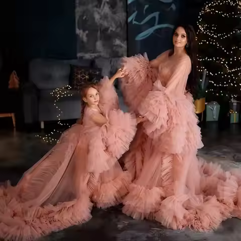 Pink Fluffy Mesh Robe Dress for Mother and Daughter Christmas Party Maternity Photoshoot Bathrobe Pu