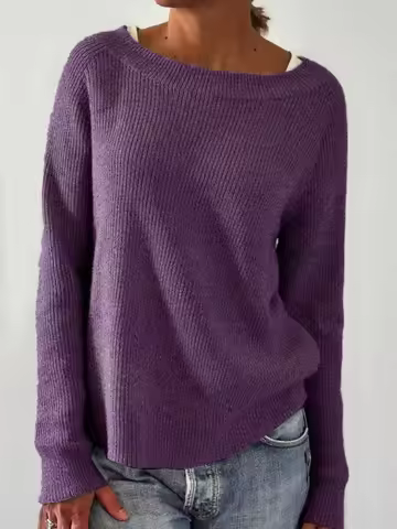 Women's Oversized Purple Ribbed Boat Neck Knit Sweater Casual Pullover Comfortable Fashion Top for A